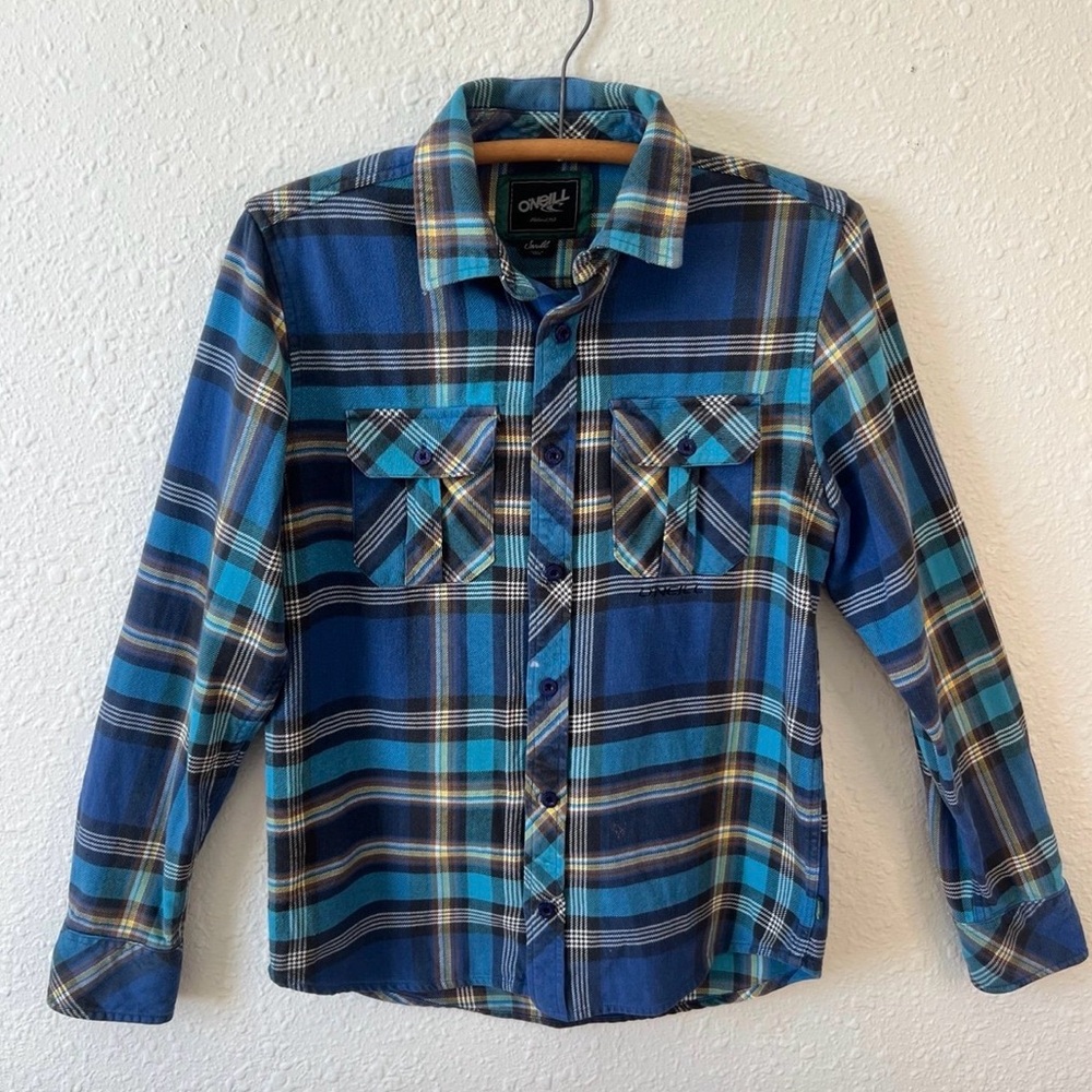 Men’s O’Neill Plaid Flannel Shirt Jacket Small Blue Cotton Button Up